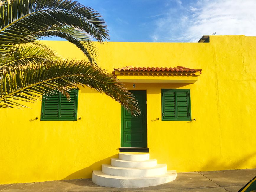 Vibrant yellow house house facade with green shutters.