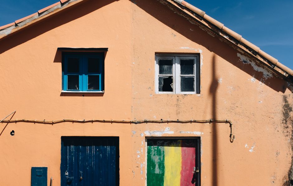 An orange painted house facade with a painted door under clear skies.